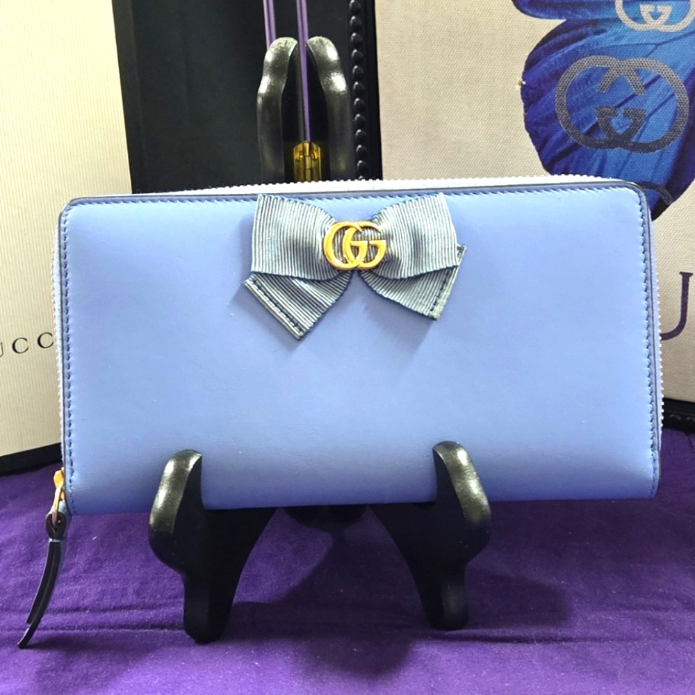 Gucci Japan Exclusive GG Marmont Blue Bow Leather Zip Wallet